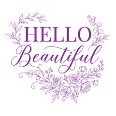 Naklejka premium Hand-drawn hello beautiful floral wreath typography design for branding and invitations