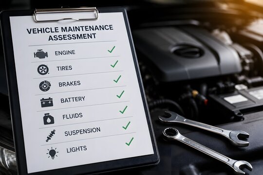 Vehicle maintenance assessment checklist on a clipboard in front of a car engine for the concept of car care and repair.
