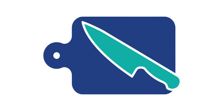 Kitchen cutting board with chef knife for food preparation equipment.