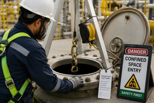 A worker wearing protective gear inspects a confined space entry site, highlighting safety protocols in industrial settings.