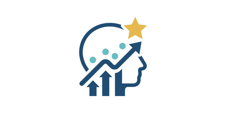 Strategy growth icon with blue head profile and yellow star element.