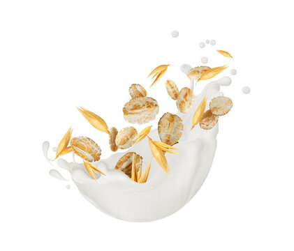 Oatmeal and oat grains in milk splashes close up isolated on a white background