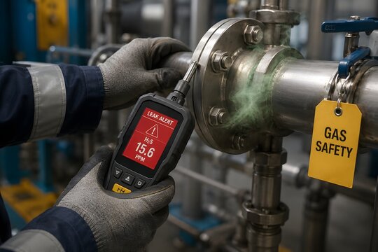 A worker checks gas leak with a detector on industrial pipe for the concept of industrial safety and inspection.
