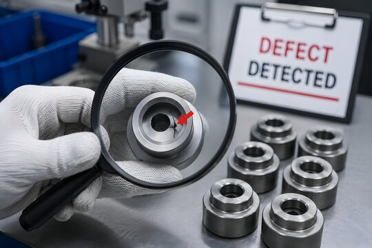Quality control inspects a metal part with a magnifying glass, showing a red arrow pointing to a defect, with a clipboard stating DEFECT DETECTED in the background.