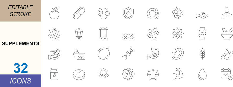 Supplements line icon set. Featuring vitamins, minerals, capsules, wellness, nutrition, immunity and fitness symbols for healthcare, apps, web and packaging. Editable stroke.