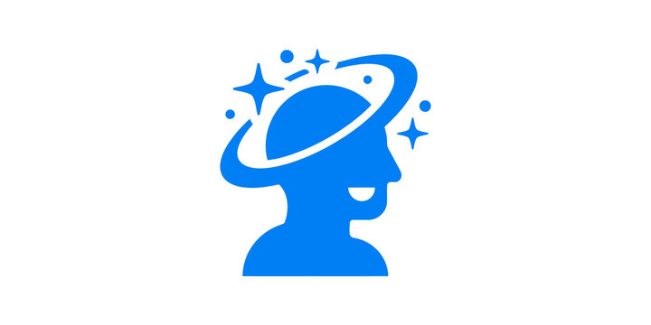 Dizzy head icon with stars and swirling lines in bright blue.