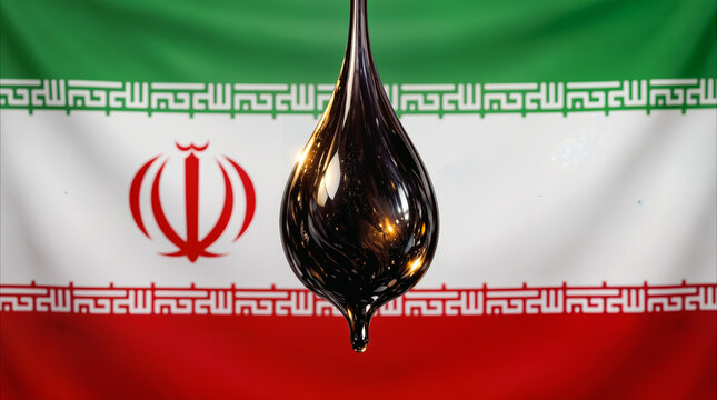 Crude oil drop falling against flag of Iran. Concept of Iranian petroleum industry and energy exports.