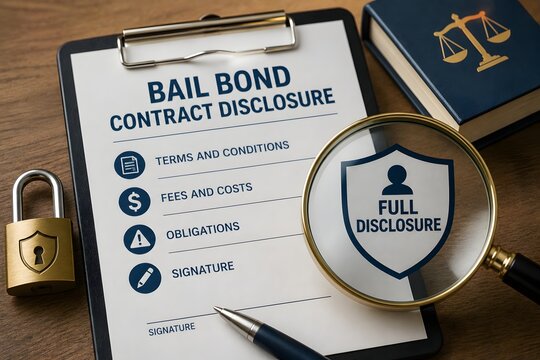 A bail bond contract disclosure document with a magnifying glass revealing full disclosure, a padlock, and a law book for the concept of legal services and financial responsibility.