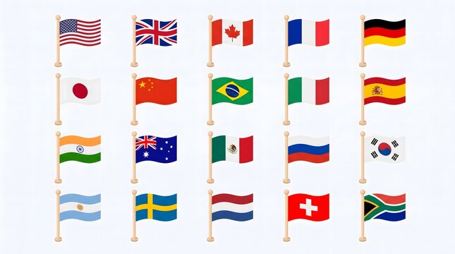 A vibrant collection of small flags representing various nations around the world displayed in a neat grid pattern on a white background