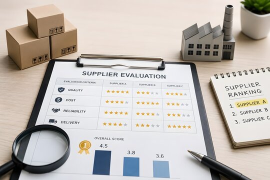 Supplier evaluation and ranking concept with document, boxes and factory model.