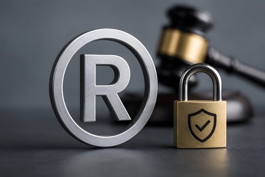 Trademark protection symbol with a padlock and a gavel for the concept of intellectual property law and security.