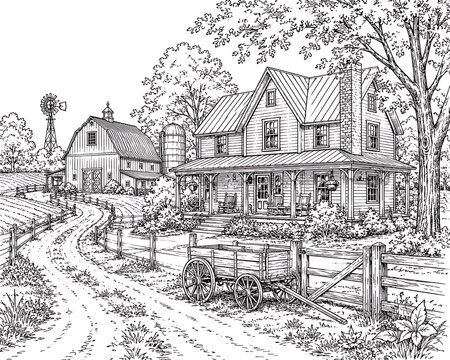 detailed farmhouse, countryside scene, rustic farmhouse, barn illustration, rural landscape, country farm, traditional farmhouse, vintage barn, agricultural landscape, pastoral scenery, rural life, fa