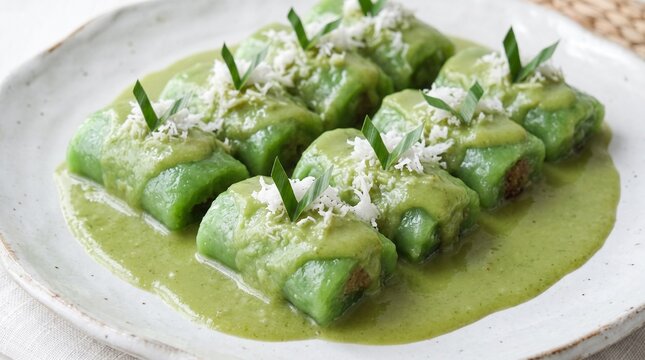 Indonesian dadar gulung pandan crepe rolls filled with sweet coconut, served with creamy coconut milk sauce, shredded coconut, and pandan leaves on a plate.