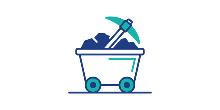 Data mining icon blue teal cart with pickaxe for resources extraction.