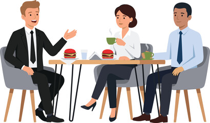 Obraz premium Corporate Colleagues Having Business Lunch Meeting at Cafe Restaurant Table Eating Burgers and Drinking Coffee Talking Strategy Vector Illustration
