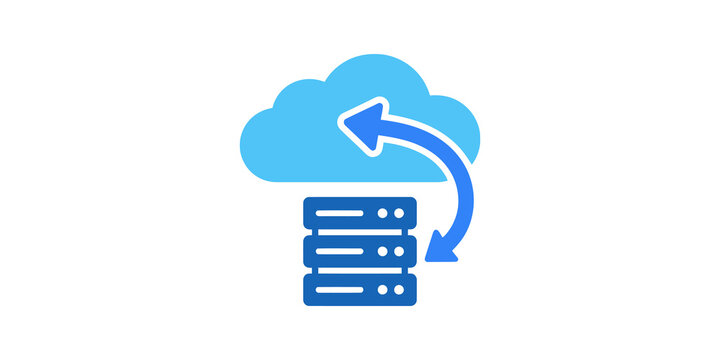 Server sync cloud icon blue for data backup transfer and migration storage.