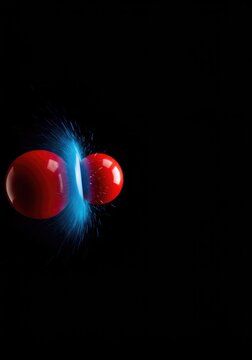 A blue sphere strikes a red sphere in space, demonstrating the principle of kinetic energy transfer and the preservation of motion ,collision ,graphic ,kinetic