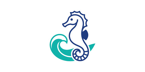 Seahorse icon with blue body and teal wave for coastal brand marketing. © SAJID