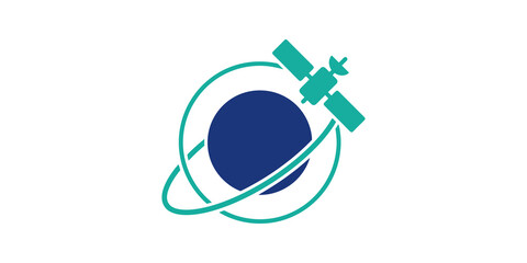Satellite orbiting earth illustration using teal and blue flat design icon. © SAJID