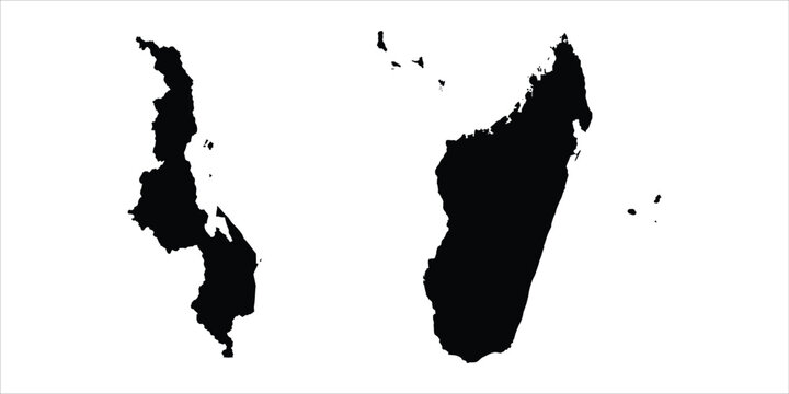 Black silhouette maps of malawi and madagascar isolated on white background