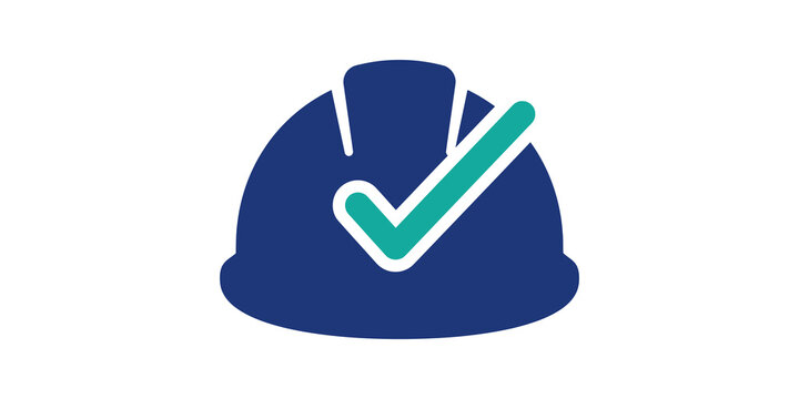 Safety helmet icon dark blue teal check mark symbol for industrial work.