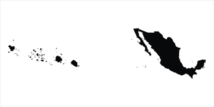 Black silhouette maps of micronesia and mexico isolated on white background