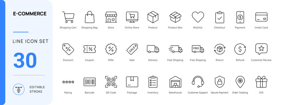 ecommerce online shopping icon line style retail payment editable stroke vector set
