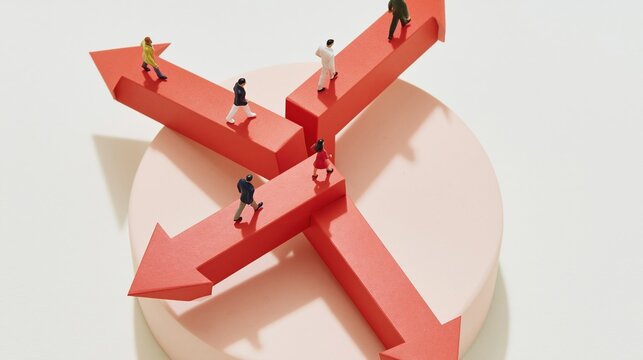 Orange paper arrows diverging on a peach surface with tiny figures, featuring a matte texture and soft shadows for decision making and career path visuals