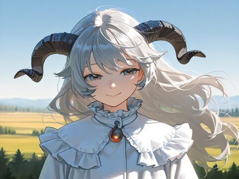 女性　白髪　ロングヘアー　羊の角　羊の擬人化　白い毛並み　笑み　白いフリルの服　自然　草原　青空の風景