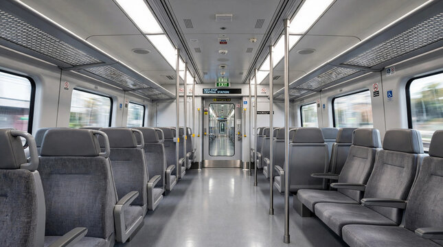 Empty modern commuter train interior aisle view with gray seats and bright lighting