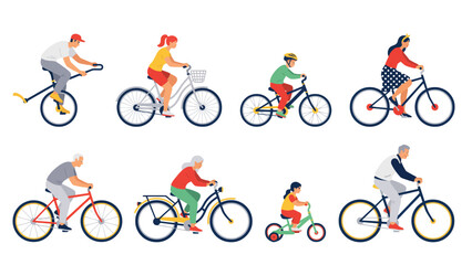 Diverse people of different ages riding bicycles flat vector set © SOHAG