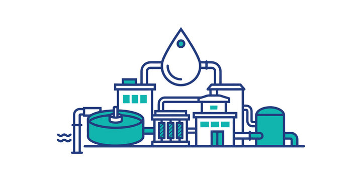 Water treatment plant industrial icon with blue and teal filtration system.