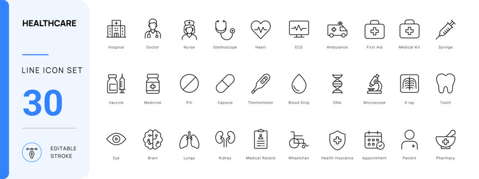 healthcare medical line icon set editable stroke vector hospital doctor medicine health outline