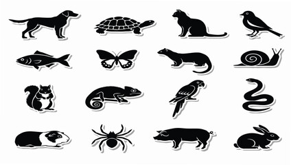 Fototapeta premium Domestic pets and wild garden animals black silhouette sticker set