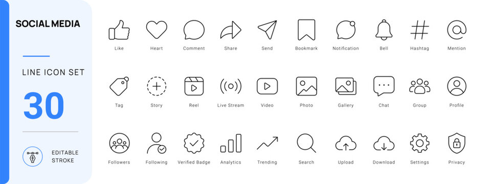 social media icon line style communication network editable stroke vector set