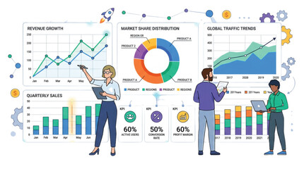 Obraz premium Business professionals analyzing corporate data and financial growth on a dashboard