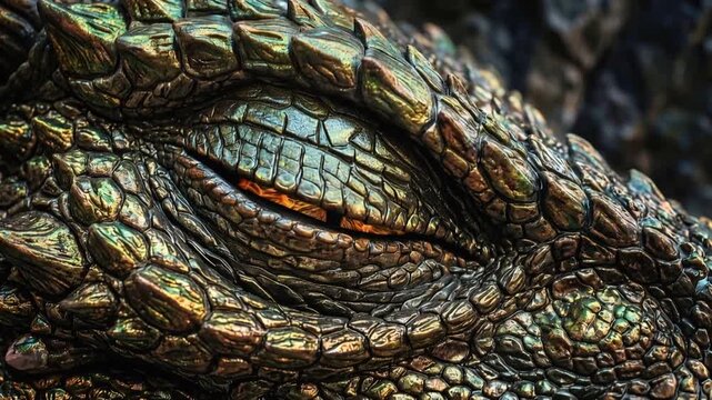 Close up eye of dragon with golden scales. Macro shot of mythical creature face. Detail of reptilian skin and glowing iris. Fantasy beast concept for movies and gaming illustration.