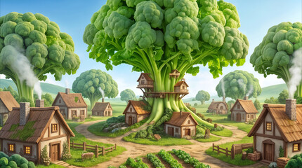 Fototapeta premium Giant broccoli trees towering over small village with wooden houses. Surreal landscape of vegetable forest and rural settlement.