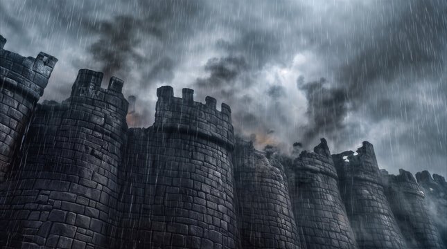 Medieval stone fortress under heavy rain and smoke. Ancient castle walls with battlements during siege or battle in stormy weather.