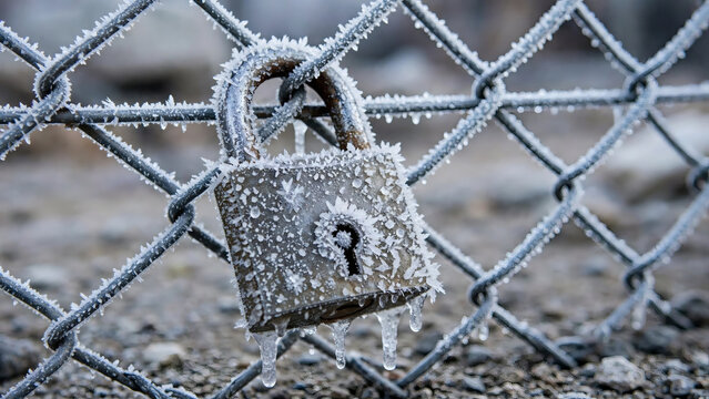 Frozen padlock on chain link fence