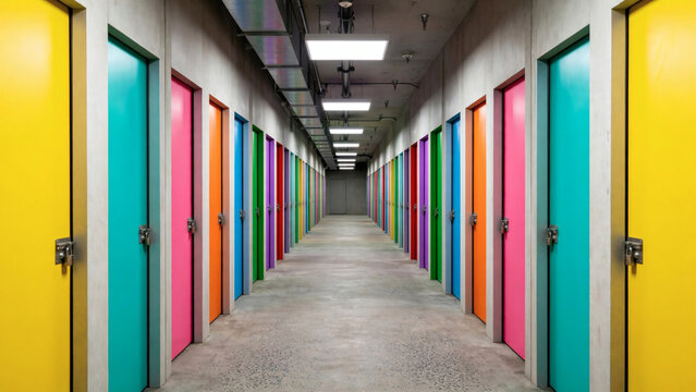 Symmetrical colorful storage corridor with lockers