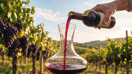 Naklejka premium Red wine pouring into glass decanter in sunlit vineyard. Winemaker serving beverage during harvest season at rural estate.