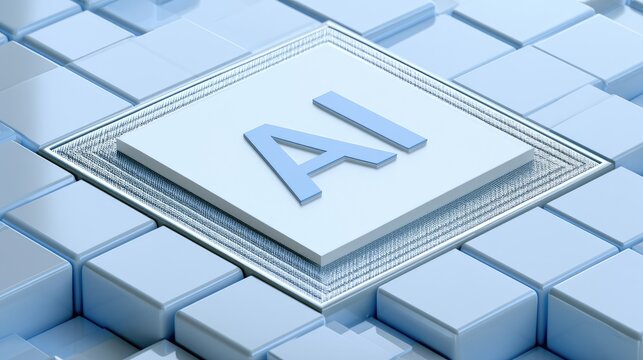 Abstract blue cubes form a digital grid with a central processor emblazoned with "AI