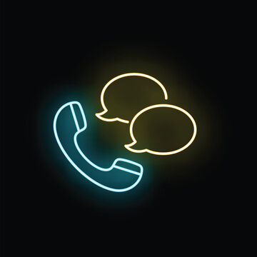 Neon telephone handset with glowing chat bubbles symbolizing communication