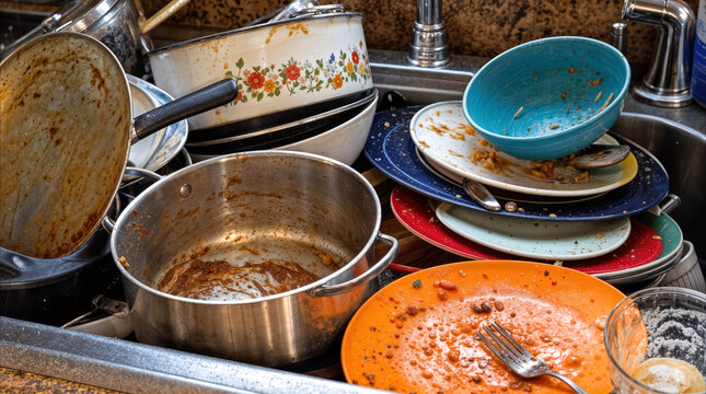 Dirty dishes and greasy cookware piled high in kitchen sink. Messy stack of plates, bowls, and pots needing cleaning after family meal.