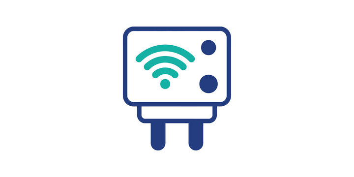 Smart power plug adapter icon with blue teal wireless connectivity sign.