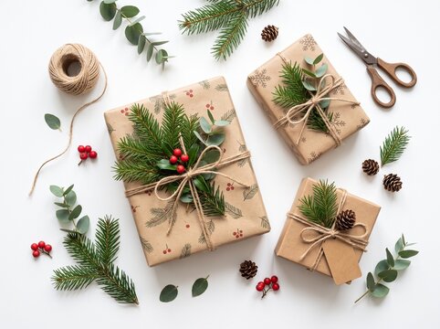 Christmas gift wrapping with natural elements and twine