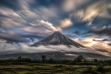 Obraz premium Fast Moving Clouds Around Volcano Create Epic Landscape Photography with Dramatic Scale and Atmospheric Energy