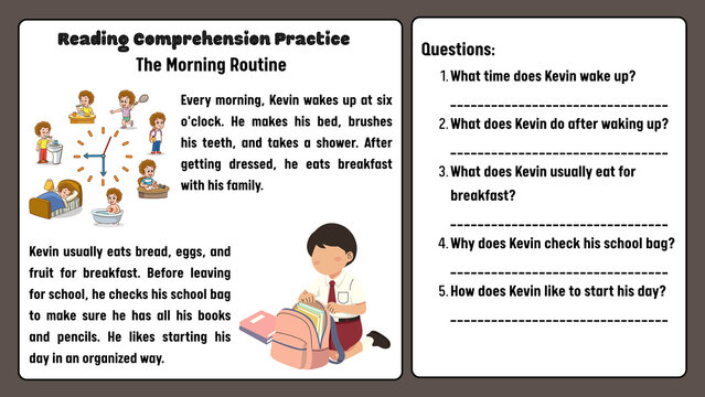 Educational reading comprehension practice worksheet, morning routine English lesson for kids, primary school literacy activity