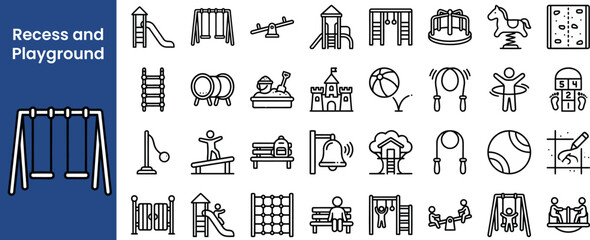 Fototapeta premium Playground Equipment and School Recreation outline icon set. Featuring swing, slide, sandbox, ball, and climber symbols. Editable stroke vector icons for playground plan and activity app.